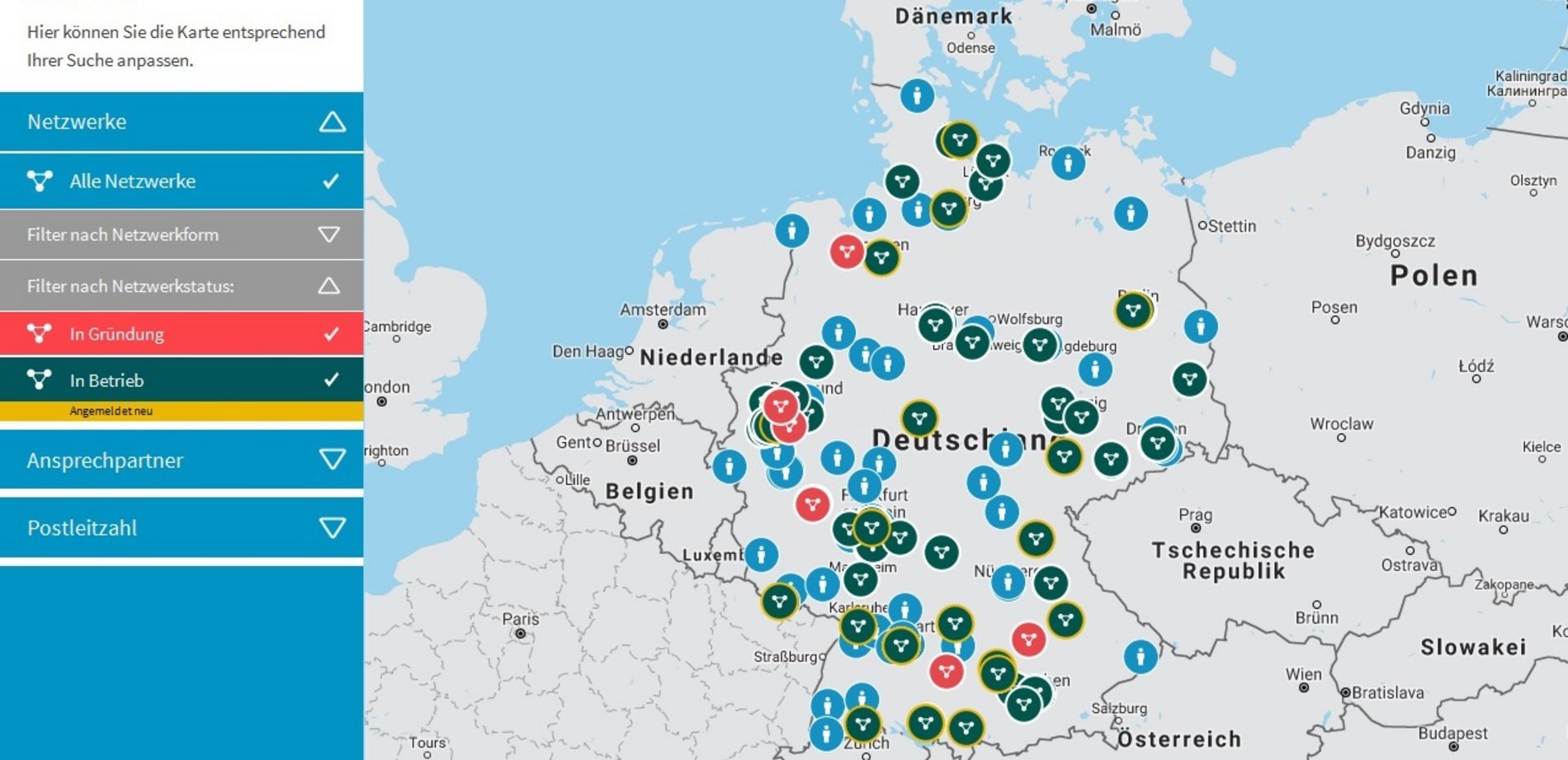 Screenshot der interaktiven Karte aller Energieeffizienz-Netzwerke in Deutschland.