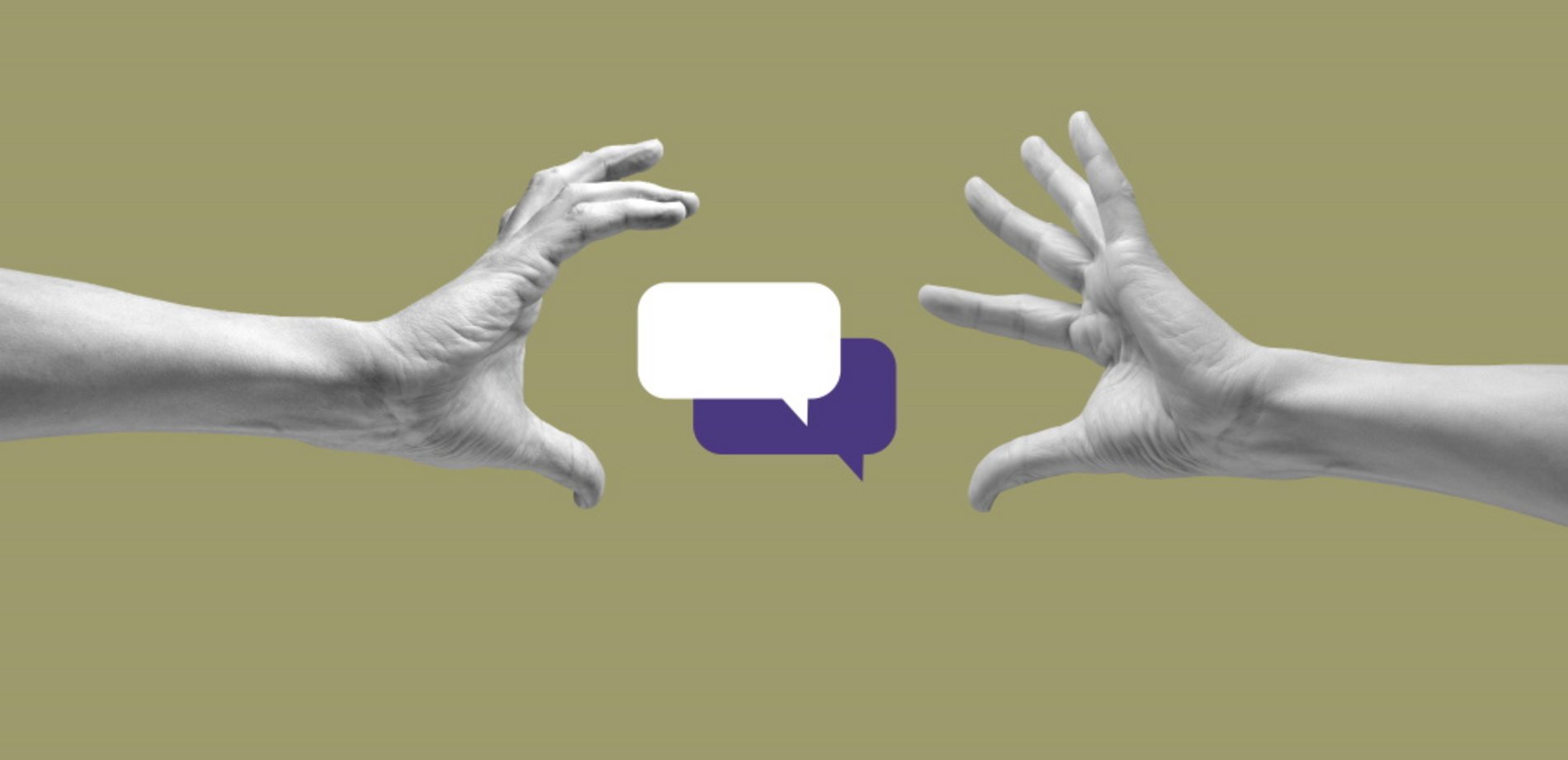 Zwei Sprechblasen, links und rechts davon zwei Hände.