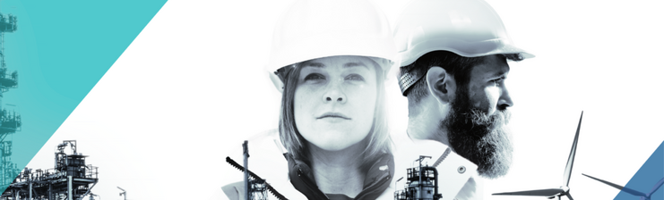 Eine Handwerks- oder Industriemitarbeiterin und ein -mitarbeiter sind neben Industrie- und Windkraftanlagen zu sehen.