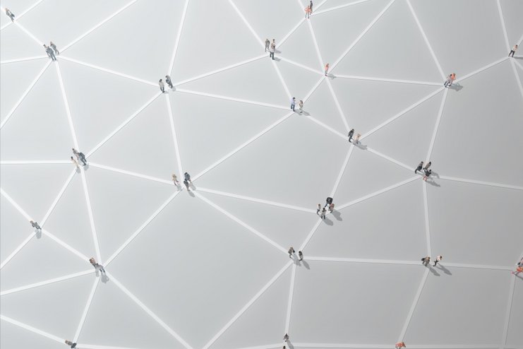 Aus der Vogelperspektive sind Menschen zu sehen, die miteinander durch Linien verbunden sind. Diese bilden ein Netzwerk.