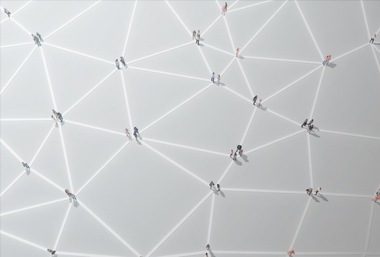 Aus der Vogelperspektive sind Menschen zu sehen, die miteinander durch Linien verbunden sind. Diese bilden ein Netzwerk.