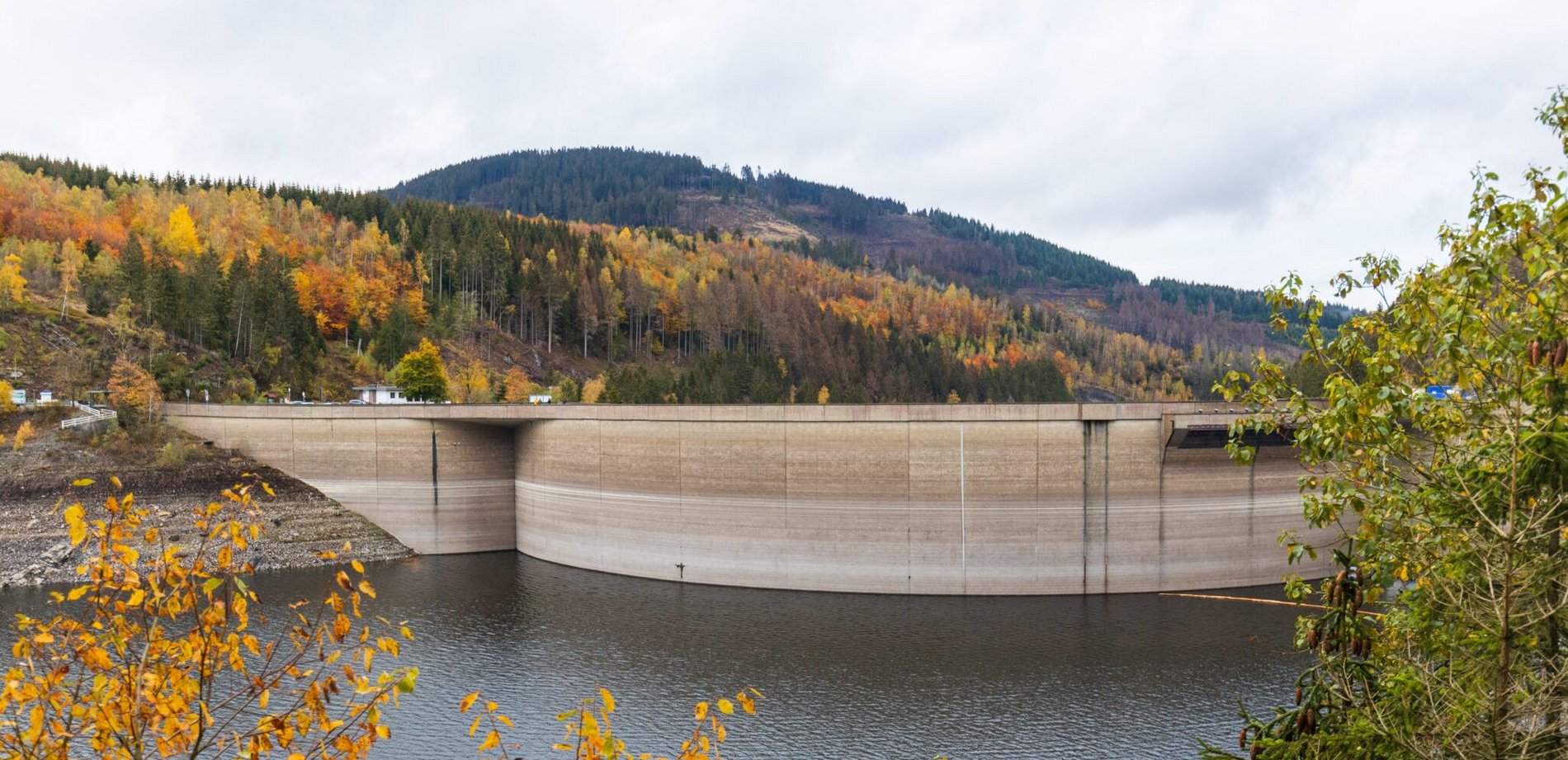 Okertalsperre mit herbstlichem Laub, Nationalpark Harz