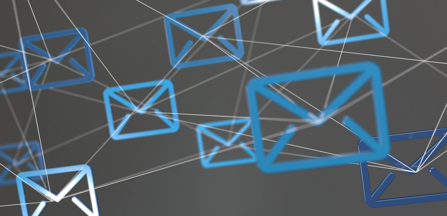 Illustrative Darstellung von miteinander verbundenen Briefumschlägen auf dunkelgrauem Hintergrund.