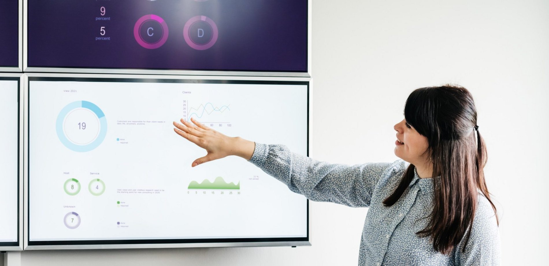 Eine Geschäftsfrau erklärt eine Reihe von Grafiken und Datensätzen während eines Treffens im Büro.