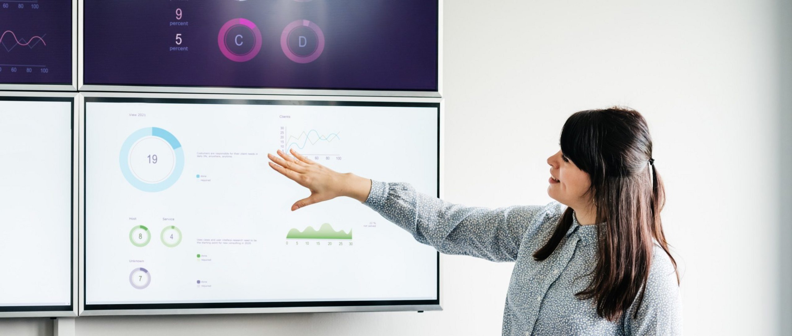 Eine Geschäftsfrau erklärt eine Reihe von Grafiken und Datensätzen während eines Treffens im Büro.