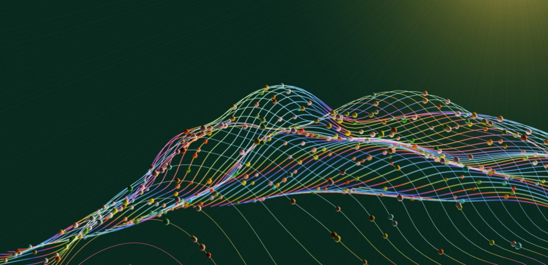 Digitales 3-D-Netz mit Knotenpunkten vor dunklem Hintergrund