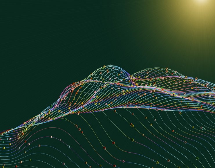 Digitales 3-D-Netz mit Knotenpunkten vor dunklem Hintergrund