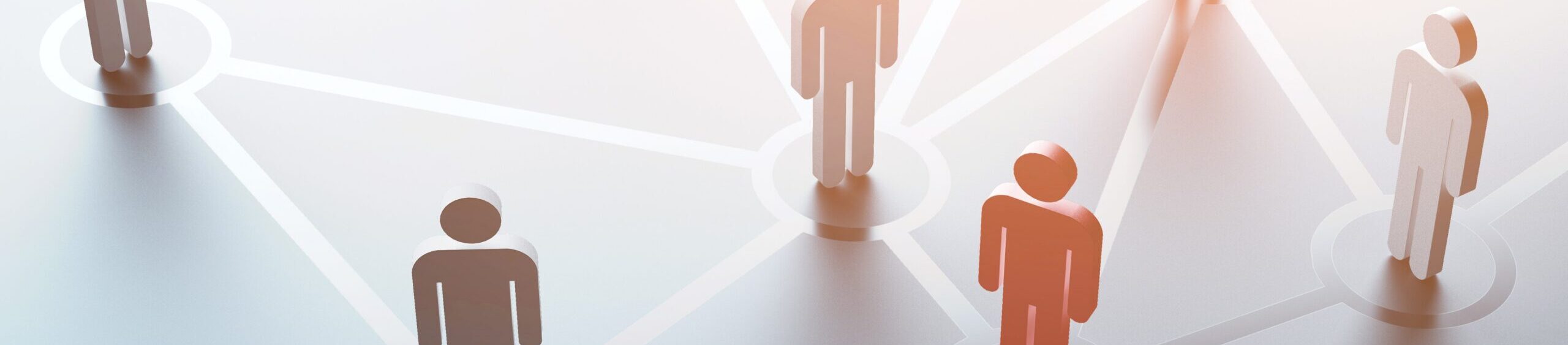 Symboldarstellung eines sozialen Netzwerks mit Personen als Aufsteller, die durch ein Netzwerk aus weißen Linien miteinander verbunden sind.