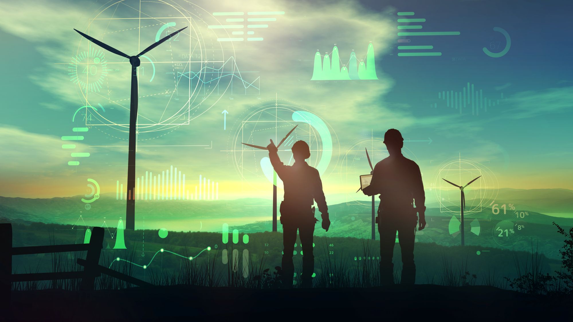 Zwei Menschen, die vor einer Landschaft mit Windrädern stehen und auf holografische Diagramme zeigen.
